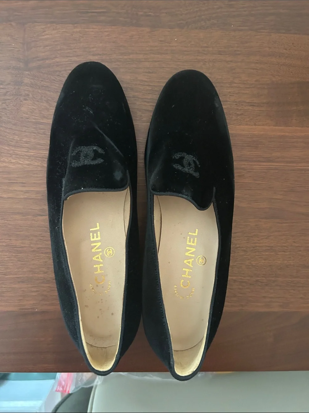 CHANEL Black Velvet Slip-On Loafers with CC Emblem